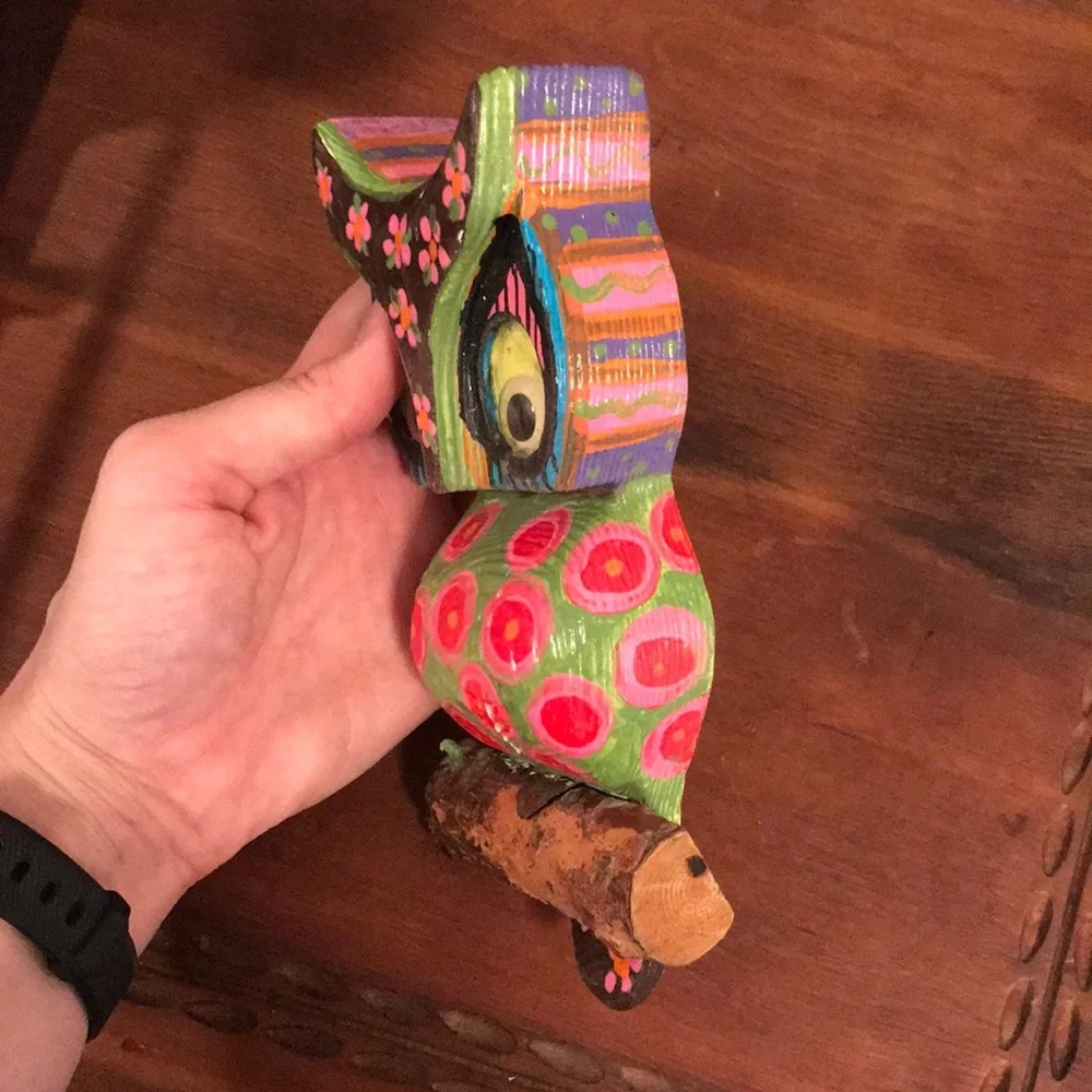 Anthropologie Green & Pink Painted Owl Wall Decor